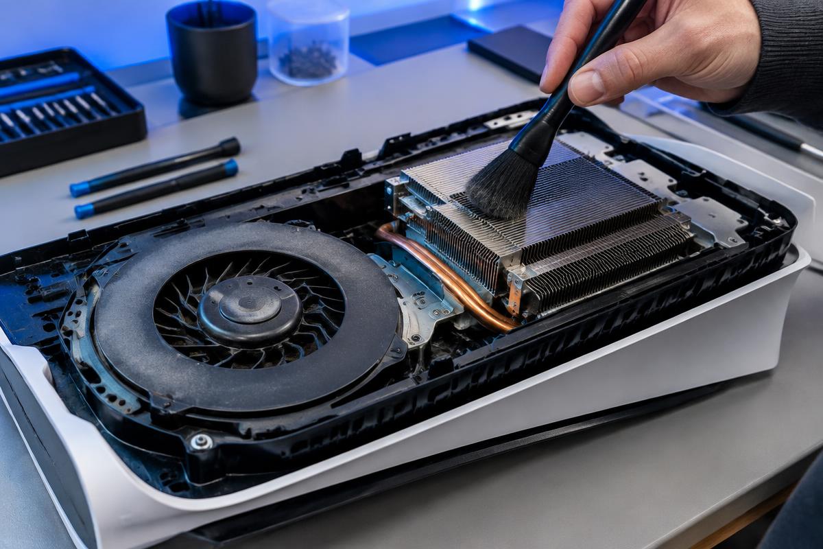 Open PS5 being cleaned around its fan and heatsink