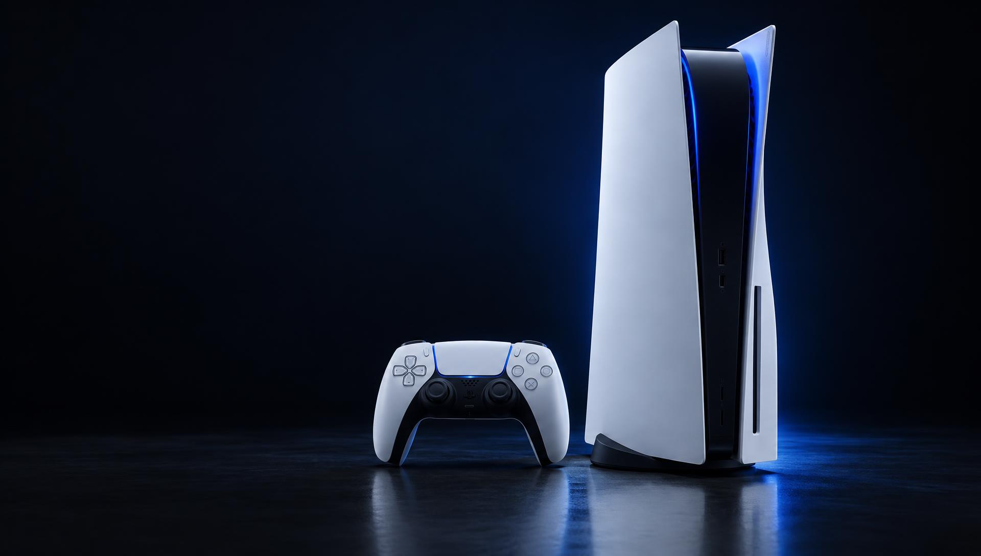 White PS5 console standing next to a DualSense wireless controller