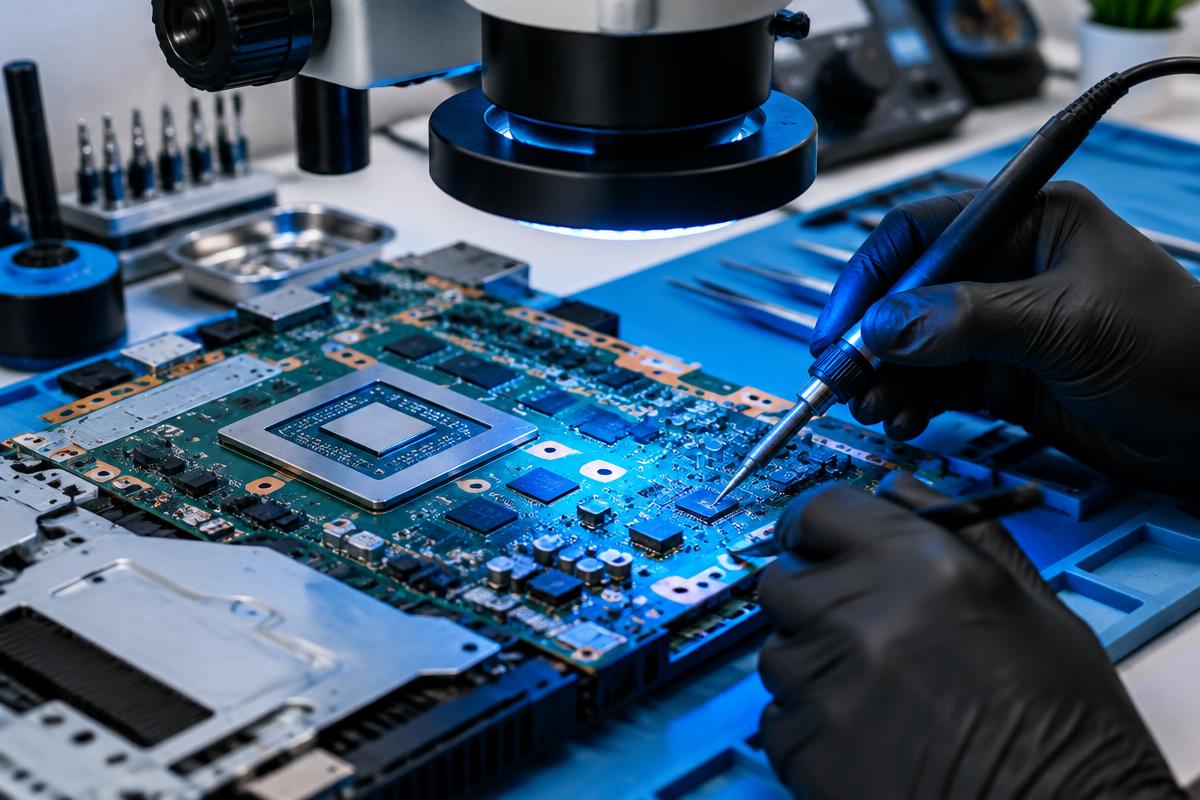 Technician carrying out microsoldering on a PS5 motherboard